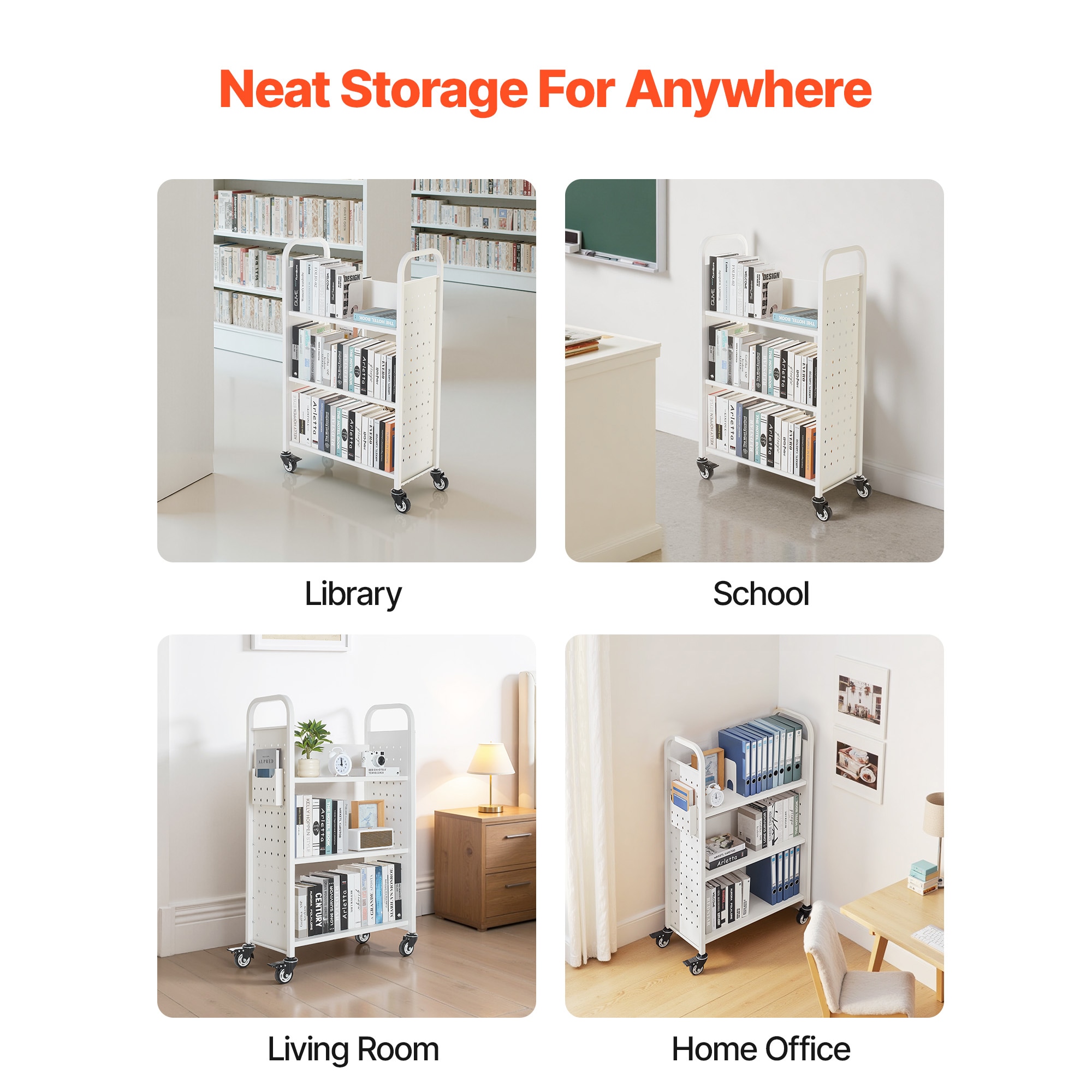 3-tier Rolling Book Cart With Single Sided L-shaped Shelving Unit_voghion.com
